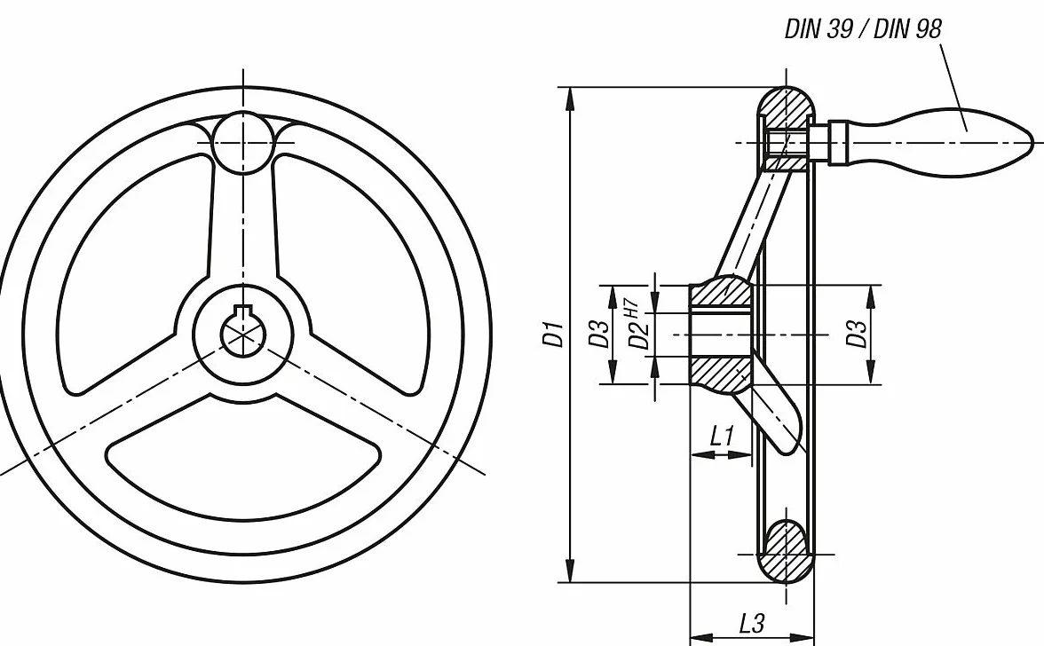 Kipp Handrad mit Nut Grauguss, Komp:Stahl, D2=12, D1=100, 1 Stück, K0671.5100X12