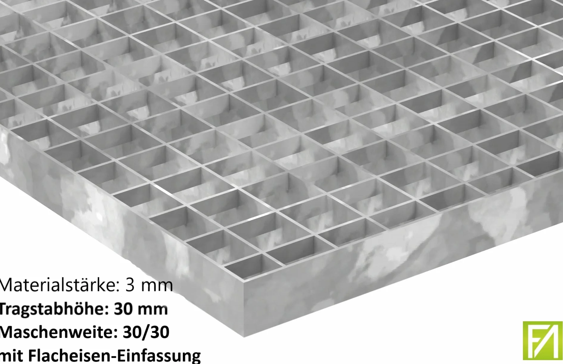 Industrie-Gitterrost | Maße: 600x1000x30 mm; MW 30/30 mm; 30/3 mm | S235JR (St37-2), im Vollbad feuerverzinkt