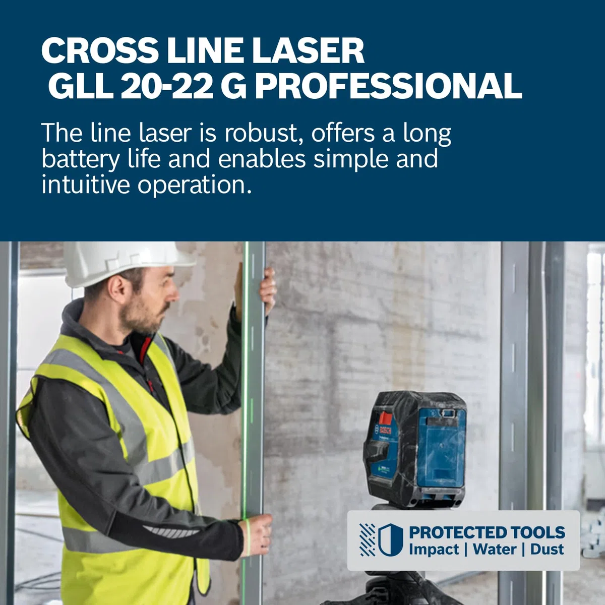Bosch Professional Linienlaser GLL 20-22 G (Halterung LB 10, grüner Laser, Innenbereich, Dual Power Source, 2 x 1.5V LR6 Batterien, Schutztasche, Stativ BT 150)