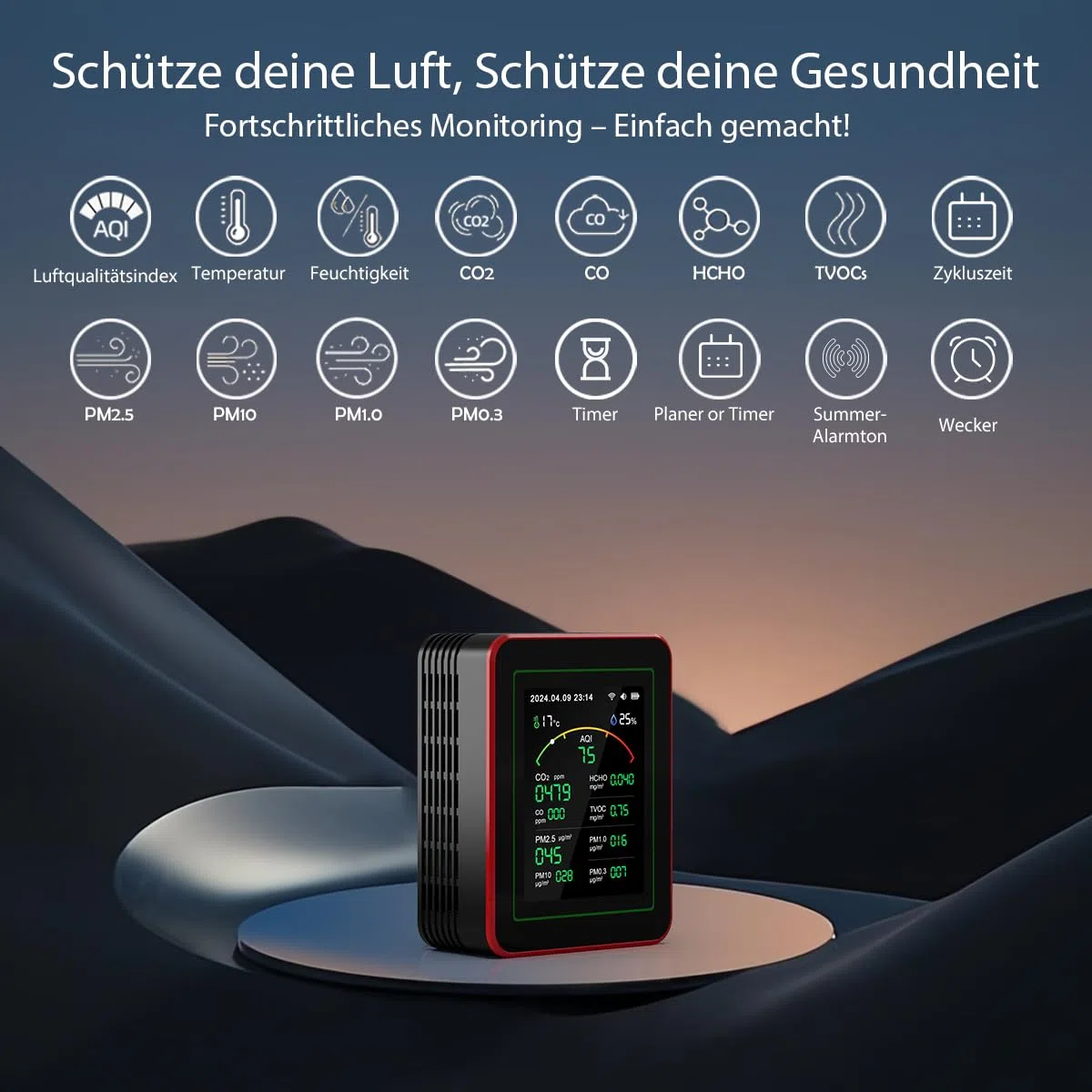 Professioneller 15-in-1 Luftqualitätsmessgerät mit App – CO₂-Messgerät, Feinstaubmessgerät PM2.5/PM10, VOC-Messgerät, Dual-Chip & Echtzeit-AQI-Warnungen