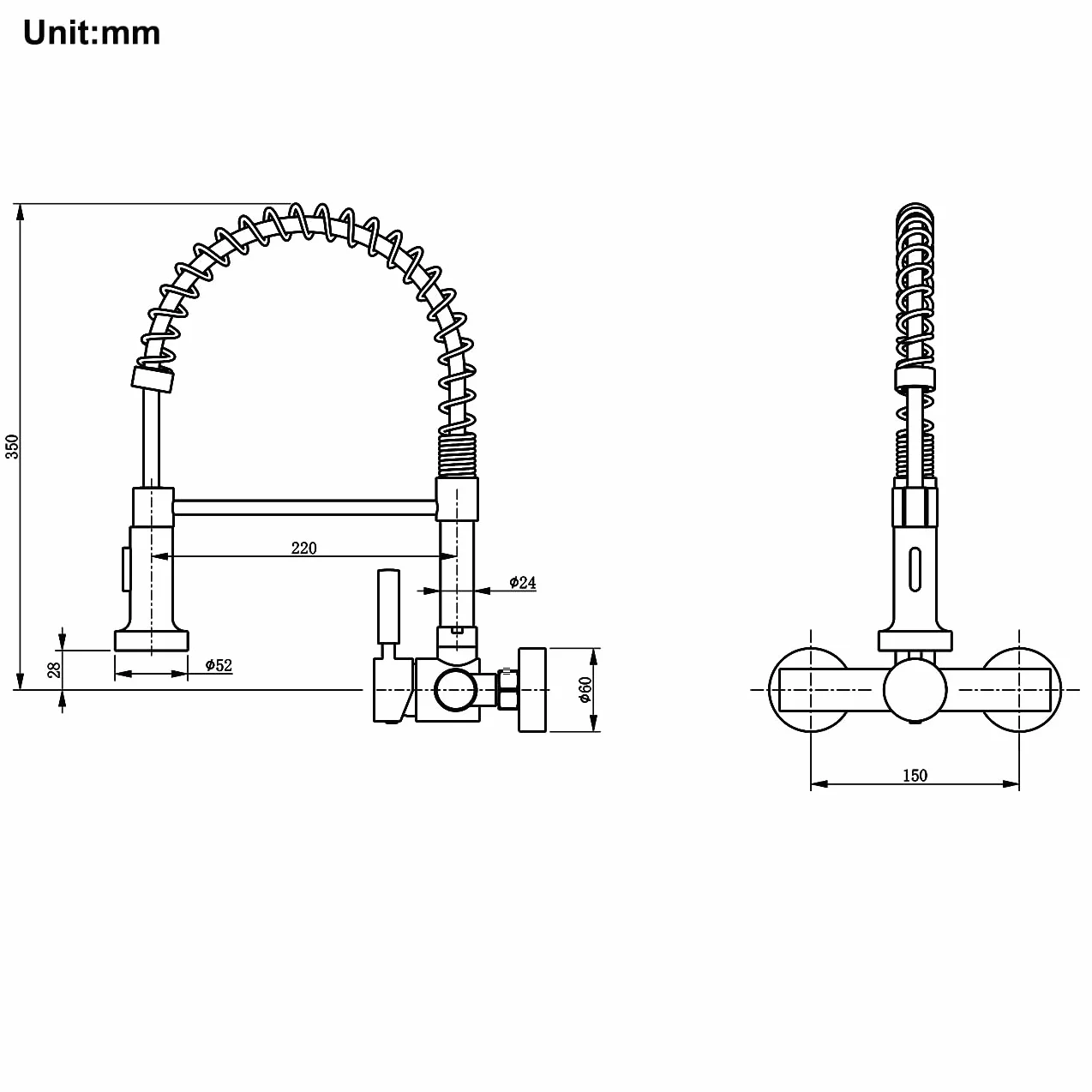 Küchenarmatur Wandmontage mit Herunterziehbare Brause, Hoch Gebogen Wandarmatur mit 2 Strahlarten, 360° drehbar Mischbatterie Wand Wasserhahn Küche aus Edelstahl, Matt