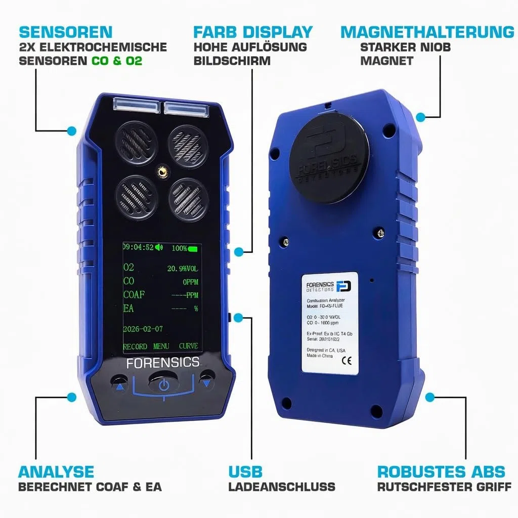 Abgasanalysator (Flue Gas) | CO, O2, COAF Und EA | Wasserfalle, Partikelfilter Und NOx-Filter | Kalibrierzertifikat EU | FD-4S-FLUE