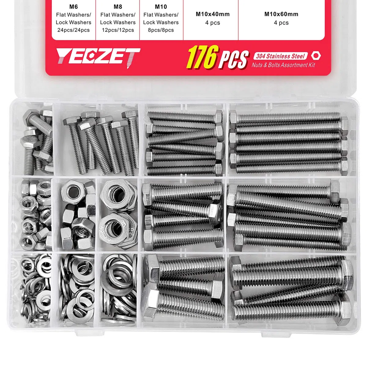 176 pcs M6 M8 M10 Schrauben und Muttern Sortiment aus 304 Edelstahl Sechskantschrauben Unterlegscheiben Federringe & Muttern Sortiment Kit