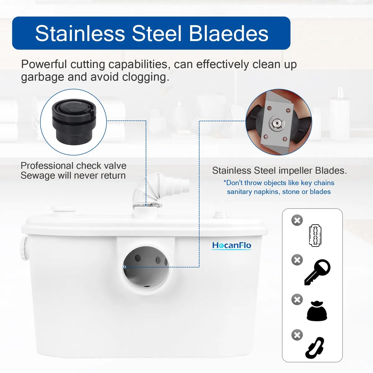 Bomba de agua FLO750W Schmutzwasser Fäkalien Hebeanlage Kleinhebeanlage für WC Toiletten, Dusche, Waschbecken, Waschmaschine, Spülmaschinen, Abnehmbare inspektionsplatte 4 Eingänge, 2 Ausgänge
