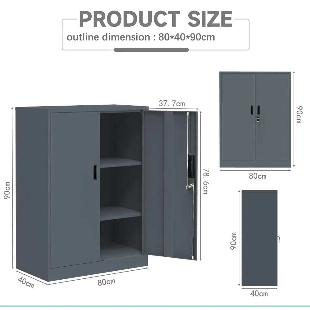 Metallschrank absperrbar mit 2 verstellbaren Regalen (90x80x40cm) - Stahlschrank für Büro, Garage & Haushalt | 50kg Tragkraft pro Regal (Dunkelgrau, 90x80x40cm)