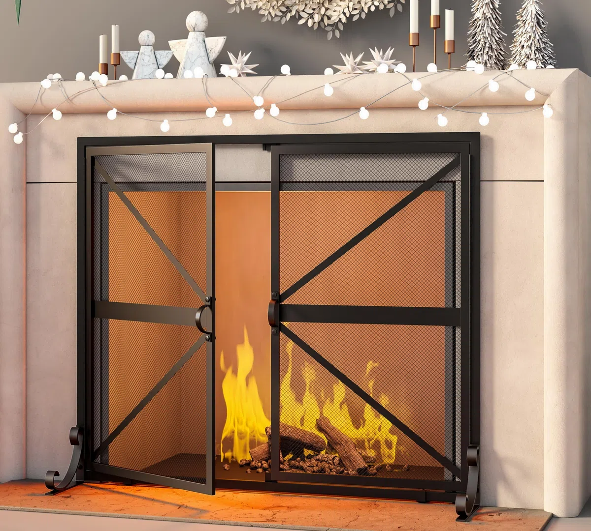 Fire Beauty Kaminschutz mit Türen, 2-teilig, handgefertigt, massives Schmiedeeisen, dekoratives Netz, babysicher, Kaminholz-Ofenzubehör (schwarz)