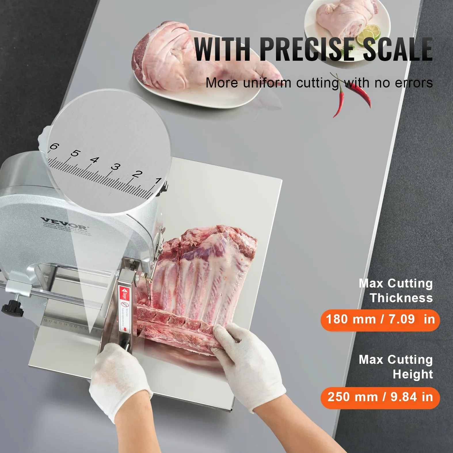 VEVOR kommerzielle elektrische Fleischbandsäge Knochenschneidemaschine, 1800 W Tisch-Knochensäge, 380 x 485 mm Werkbank, Gefrierfleischschneider mit 5 Klingen für Rippchen, Schweinefleisch