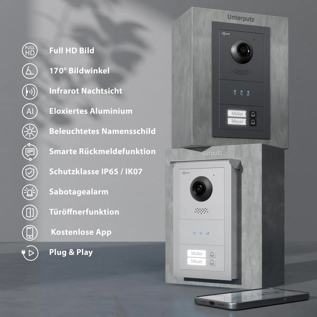 GOLIATH Basic Line Türklingel & Türsprechanlage mit Kamera für [MEHRFAMILIENHAUS] mit Smartphone App - Klingel mit Kamera & Monitor - Doorbell Camera - Video Sprech - & Gegensprechanlage mit Türöffner