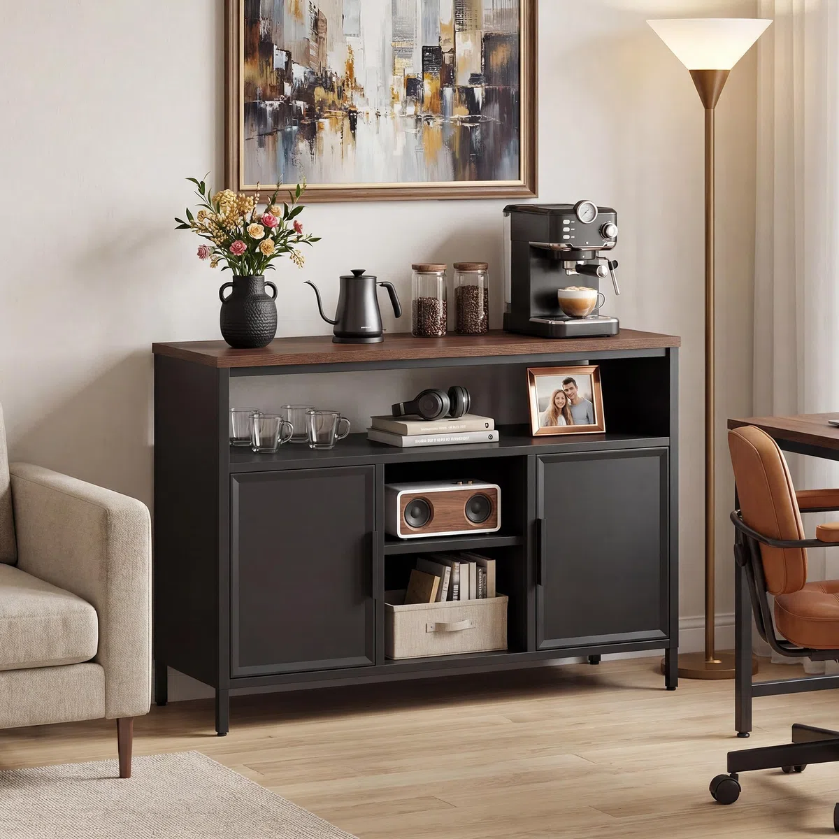 YITAHOME Aufbewahrungsschrank, Metallschrank, Sideboard, Schrank mit Doppeltür, Magnetverschluss, verstellbare Einlegeböden, Stahlgestell