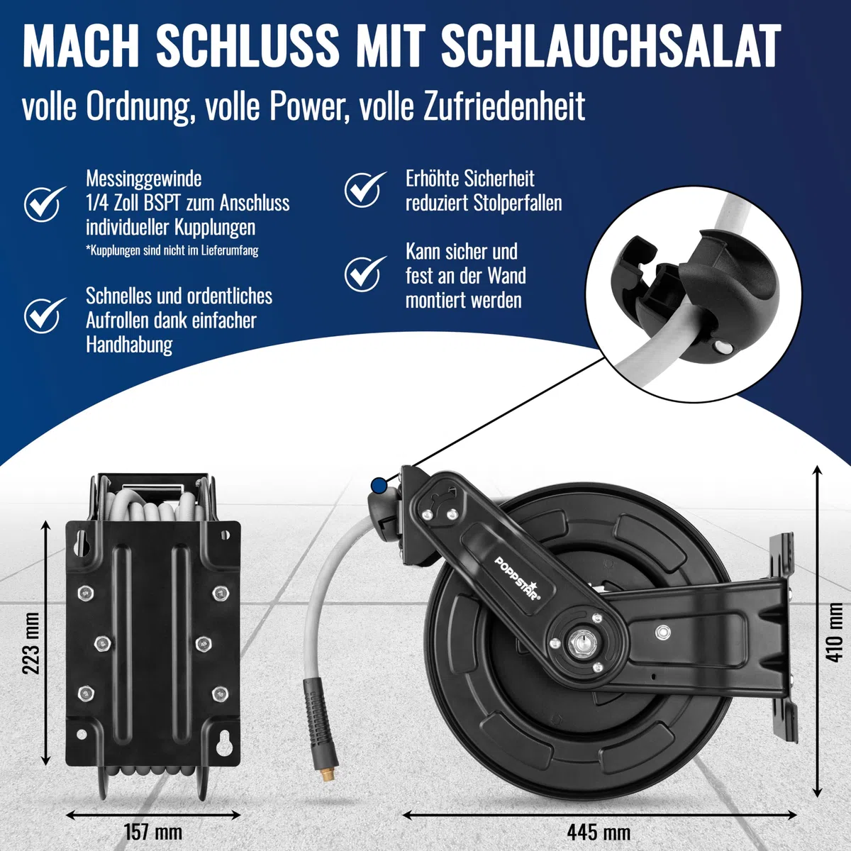Poppstar Druckluftschlauchtrommel aus Stahl (20m+2m, Durchmesser (9,2x15mm)), Anschlüsse 1/4 Zoll BSPT