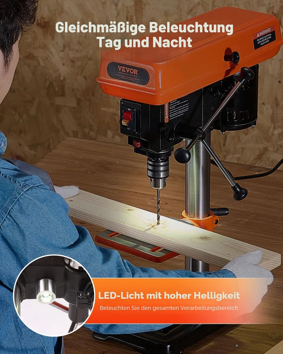 VEVOR 203mm Tischbohrmaschine, 500 W Induktionsmotor, Tischbohrmaschine mit 550/950/1450/1950/2500 U/min einstellbarer Geschwindigkeit, 0-45° neigbarer Arbeitstisch, LED-Arbeitsleuchte, für Holzmetall