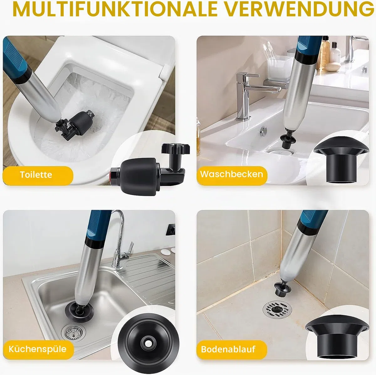 Rohrreiniger Druckluft, Pressluft rohrreiniger, toilette verstopft,rohrreinigungspumpe,WC abflussreiniger pumpe 4 in 1 Drucktoiletten-Entstörer für Toilette/Waschbecken/Badewanne