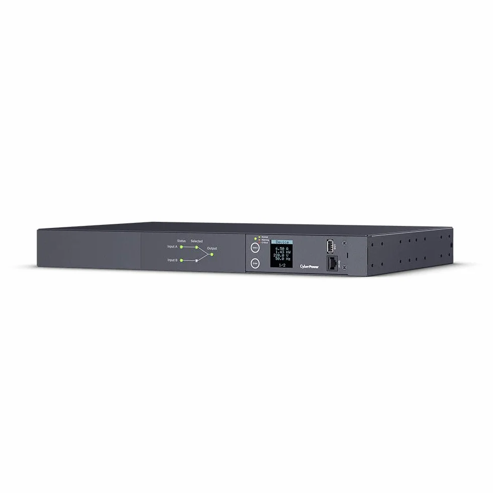 CyberPower PDU24005 ATS PDU Rackmount 1U schwarz, automatische Quellenumschaltung für redundante Einspeisung, 2X IEC C20 16A, 10x Frontabgang 2X C19 8X C13, LCD mit Ampere Volt Watt Anzeige, Hot-Swap