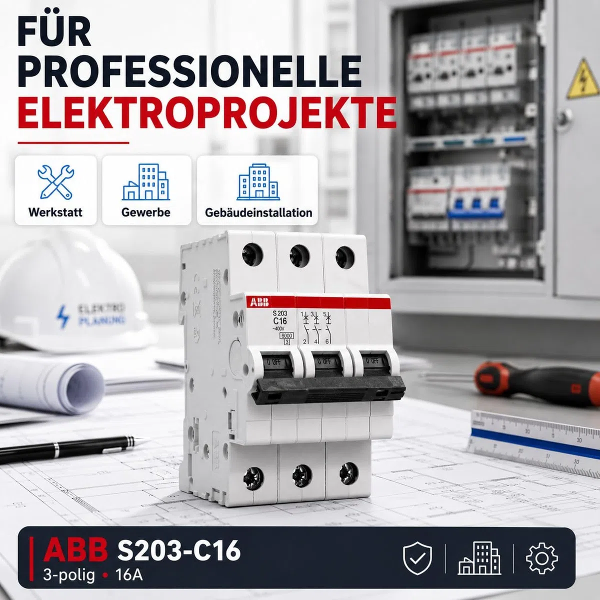 ABB S203-C16 Leitungsschutzschalter 3-polig 16A C-Charakteristik, Sicherungsautomat 6kA, LS-Schalter für Drehstrom & Hutschiene, System pro M compact Leitungsschutzschalter 3P