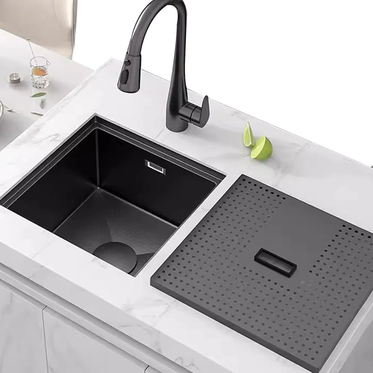 Schwarze Barspüle, Edelstahlspüle mit Abdeckung, Untertischspüle, Küche, Einzelbecken, schwarzer ausziehbarer Wasserhahn (schwarz, 50 x 40 x 22 cm)