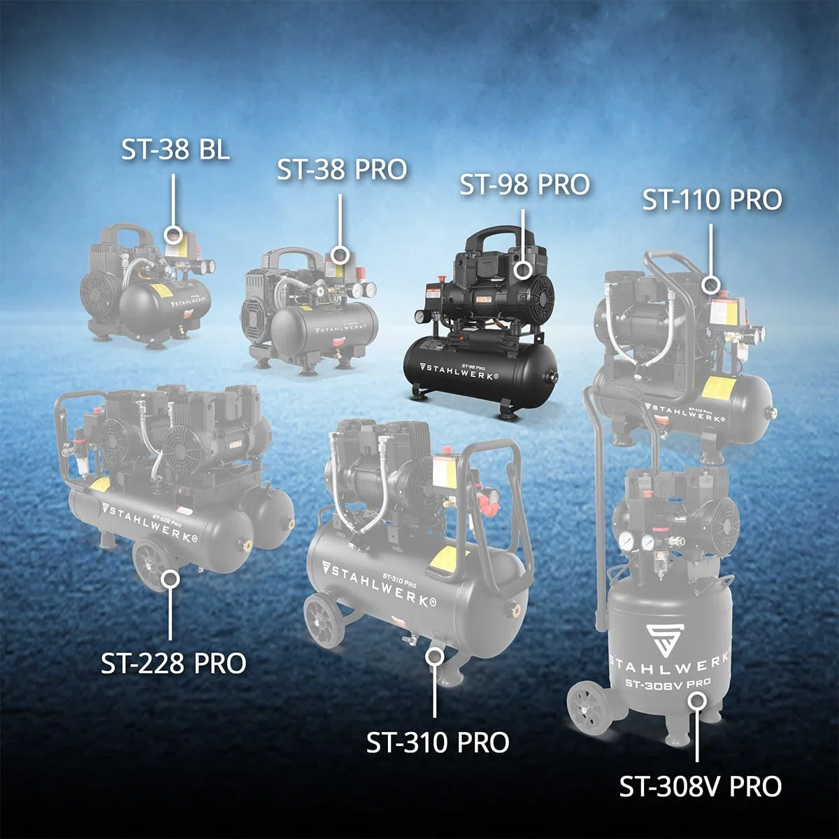 STAHLWERK Kompressor mit 9 L Tank (ST-98 Pro) – ölfrei & leise, 8 bar, 1,22 PS (0,9 kW), 170 l/min, 65 dB, Druckluftkompressor mit Brushless-Motoren, Silent-/Flüsterkompressor, Kolbenkompressor