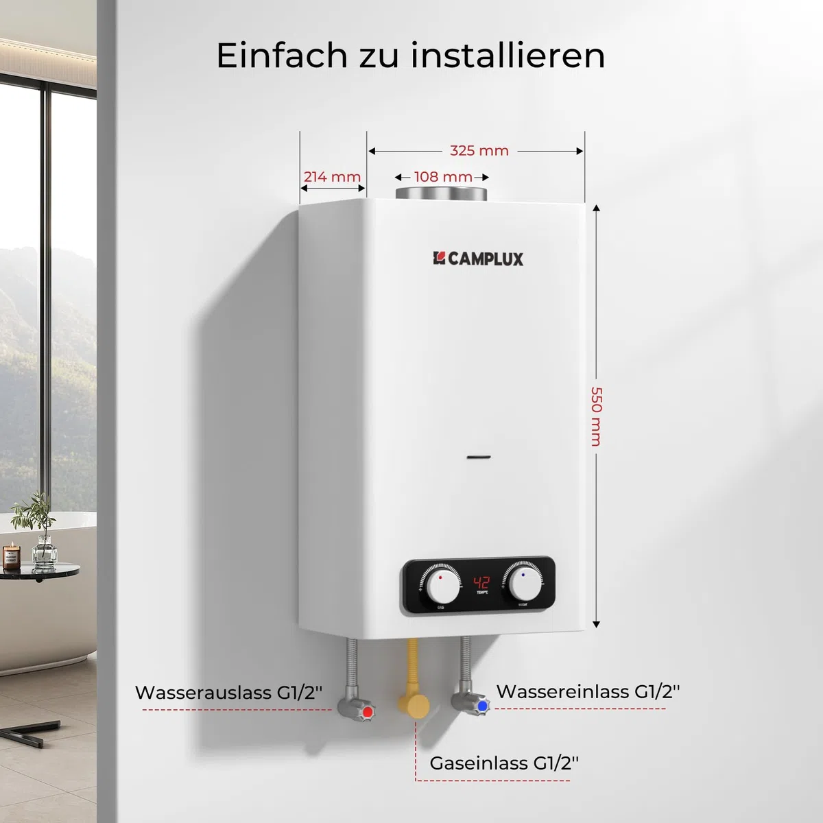 CAMPLUX 10 Liter Gasdurchlauferhitzer Indoor, BY264-DE Gastherme für Küchen-/Balkoninstallation, 50mbar, LPG, 3V, 20kW