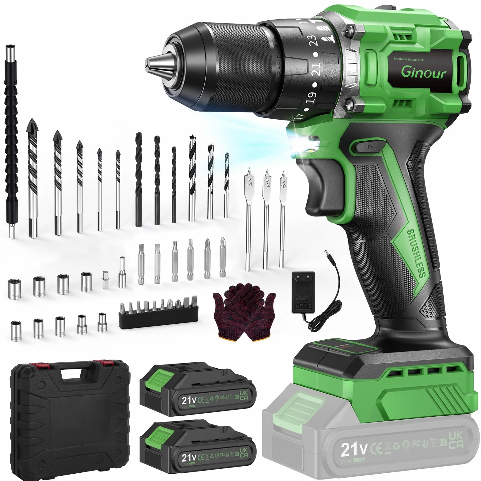 Ginour 21V Bürstenlos Akku Schlagbohrschrauber Set, 50 Nm, 2x2Ah Akku, kompatibel mit Makita 18V Akku & Ladegerät, 2-Gang, 23+3 Stufen, 47-tlg. Zubehör & Koffer, LED, 10mm Bohrmaschine & Akkuschrauber