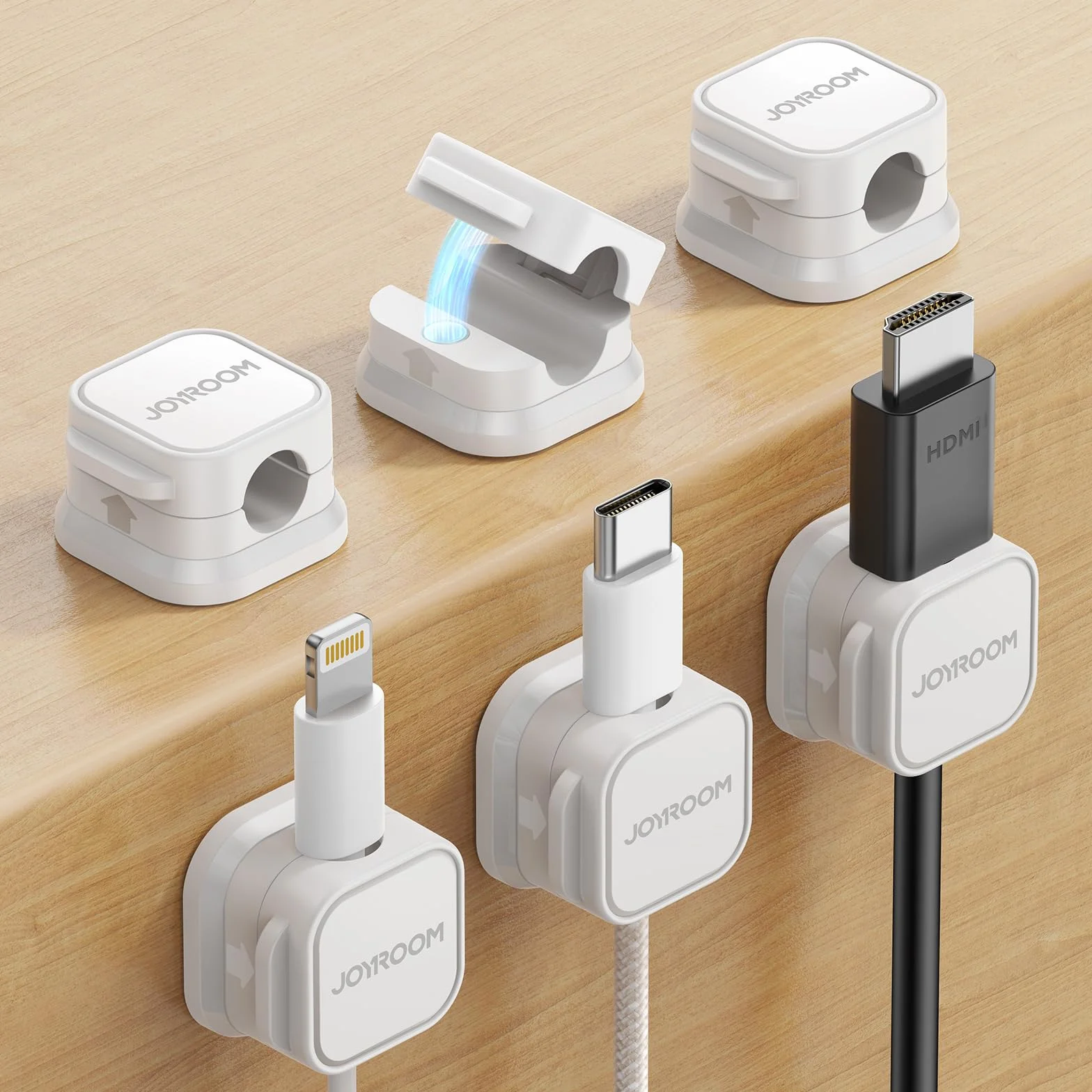 JOYROOM 6 Stück Kabelhalter Kabelclips Verstellbare Kabel Organizer Magnetische Kabelmanagement Selbstklebend Kabelhalter für Schreibtisch, Nachttisch, Ladekabeln, HDMI, USB, Audiokabel, Weiß