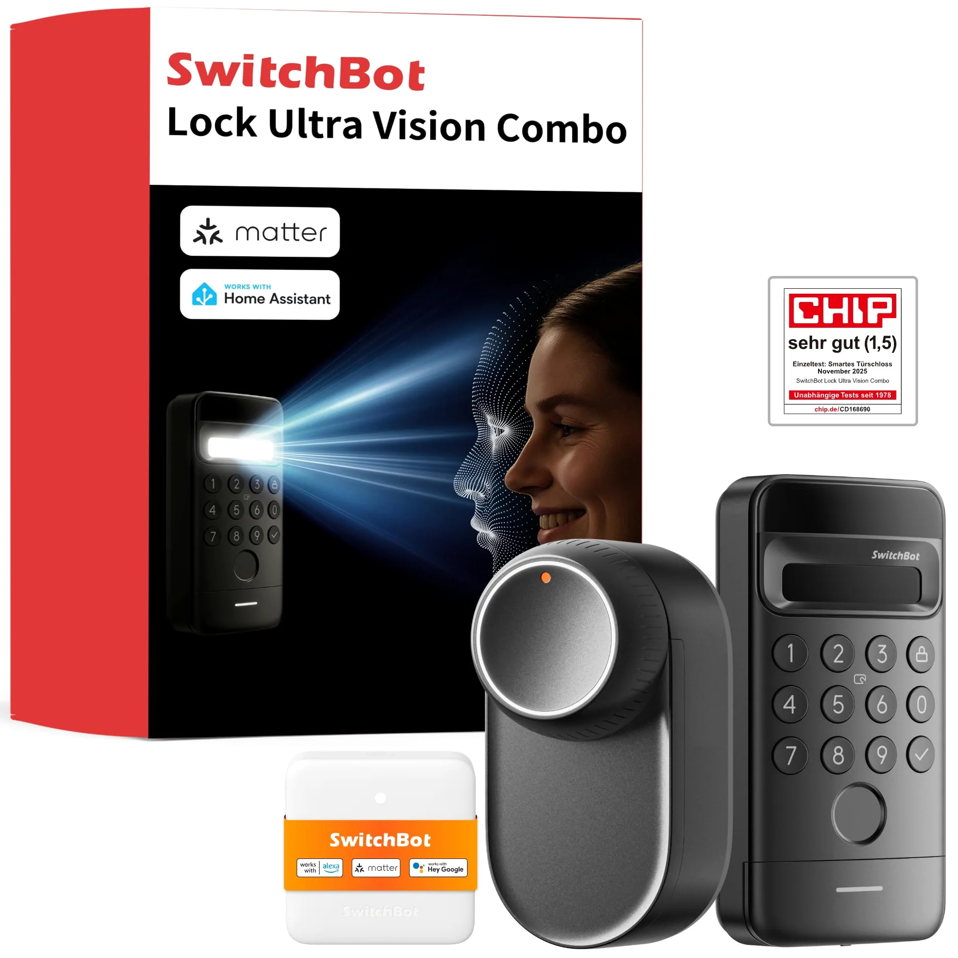 SwitchBot Smart Lock Ultra mit 3D-Gesichtserkennung&Fingerabdruck für Haustür – Elektronisches Türschloss zum Nachrüsten ohne Zylindertausch, Türöffner per Gesicht/Fingerprint/Code/Alexa WLAN/Matter
