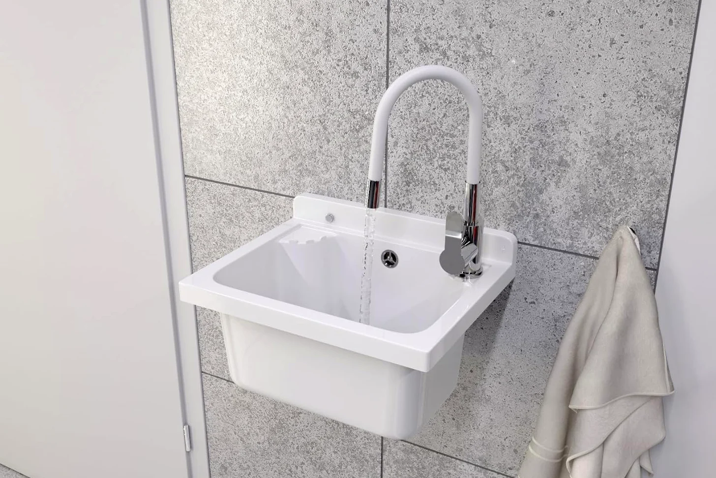 Ausgussbecken mit Mischbatterie undPlatz für Seifenspender Garage Keller Werkstatt und Waschküche - Universal Waschtrog mit Siphon - Waschbecken Wandmontage - 42x34x24 cm - Weiß - Granitan