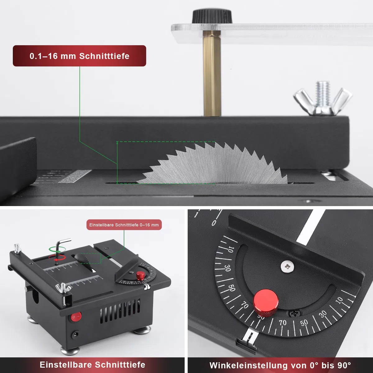 Mini tischkreissäge,100W mini kreissäge mit 4 Klingen,0,1-16 mm Einstellbarer Sägeblatthöhe,7-Gang-Drehzahlregelung,Multifunktionale tischsäge mit Flexwelle & Drehscheibe für Schleifen/Polieren/Bohrer