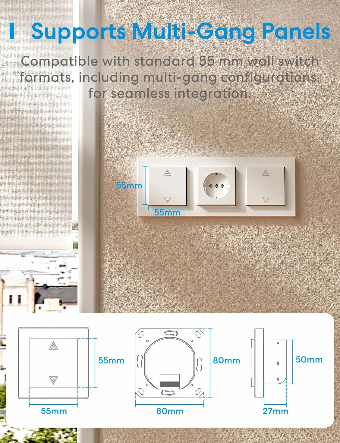 Meross Matter Smart Rolladenschalter WLAN 55x55mm, Smart Home Rolladensteuerung | Jalousieschalter, kompatibel mit Apple HomeKit, Alexa und Google Home(NEUTRALKABEL ERFORDERLICH)