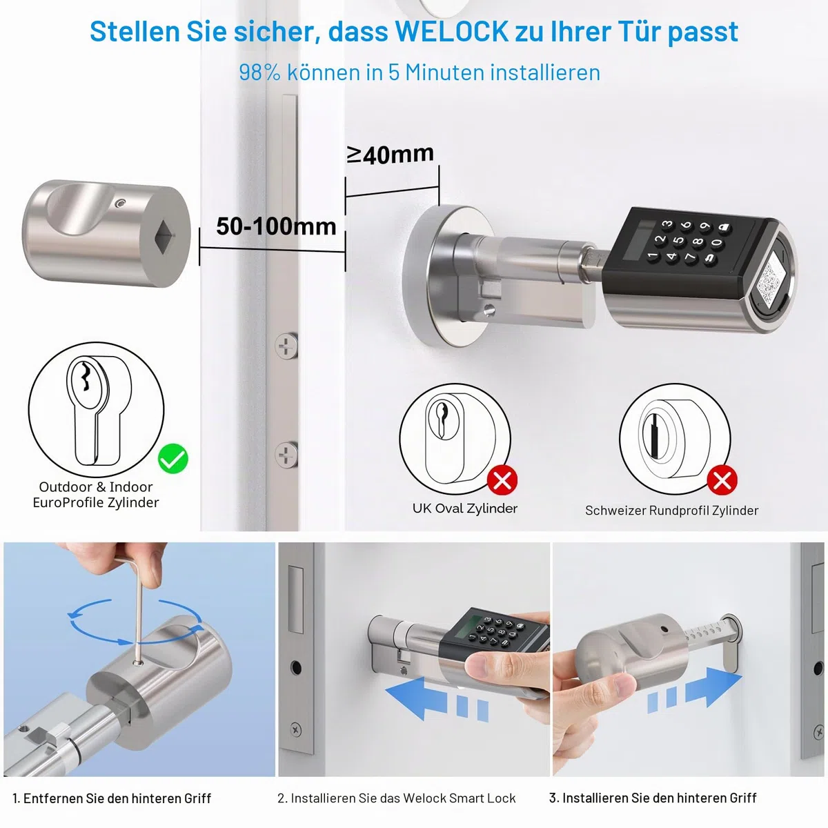 WELOCK PCB41 Elektronisches Tür-Schließzylinder Haustür mit Zahlencode RFID-Karte APP Wi-Fi Türschloss Code Verbindung für 50-100mm Tür IP65 Einfache Installation