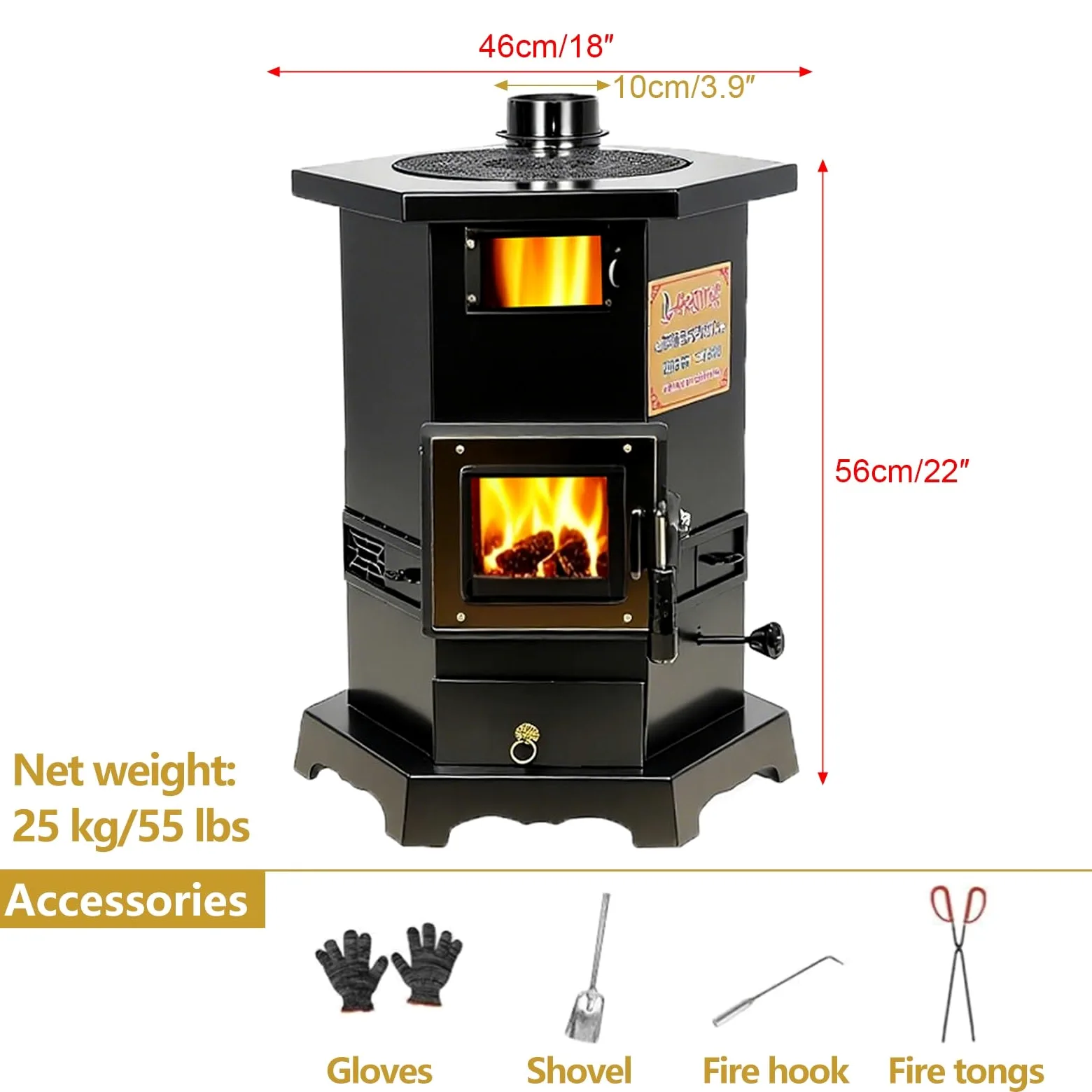 Sechseckiger Kaminofen Holzofen, Multifunktionaler Pelletofen, Geeignet for Holz, Kohle und Pellets, for Privathaushalte und Gewerbebetriebe