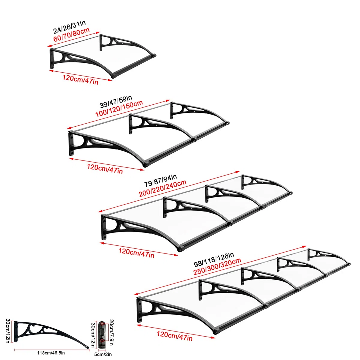Vordach für Haustür mit Großem Waschbecken aus Aluminiumlegierung,Haustürvordach Fenstermarkise,Polycarbonat Rundbogenvordach,Beidseitiger Abfluss,für Balkon-Traufe-Garten (120x320cm/47 x126)