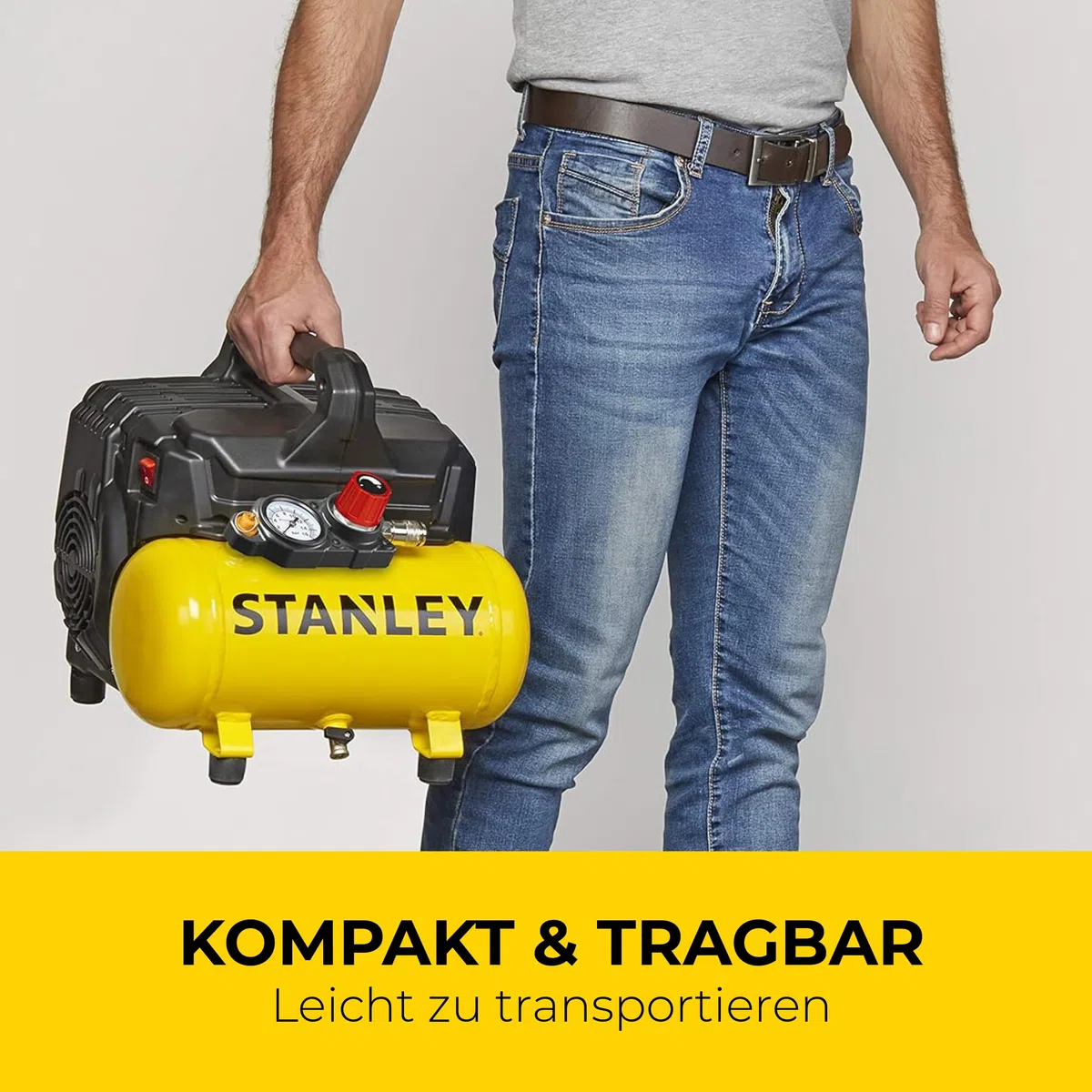Stanley Kompressor DN200/8/6 - Luftkompressor 8 Bar - Füsterkompressor mit 6L Tankkapazität - Ölfreie Saugkompressor 105L/Min - Mit Griff und Anti-Rutsch-Füßen - Geeignet für Druckluftwerkzeuge