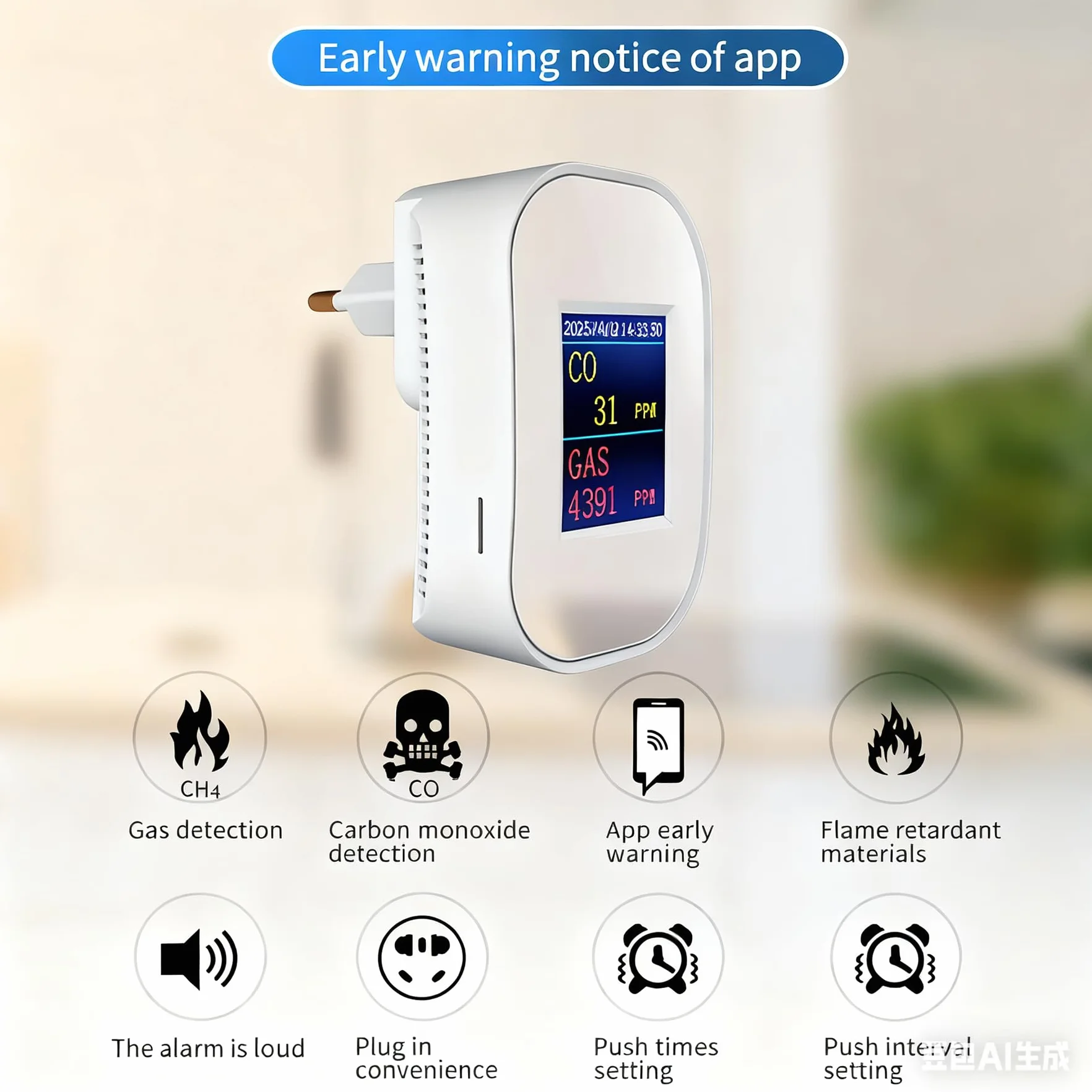 WLAN Kohlenmonoxid- und Gasmelder mit Stecker, Gasmelder Haus mit App-Steuerung, Kohlenmonoxid Melder mit LED-Display, EN50291 & EN50194 Zertifiziert, CO Melder für Erdgas LPG Propan Butan
