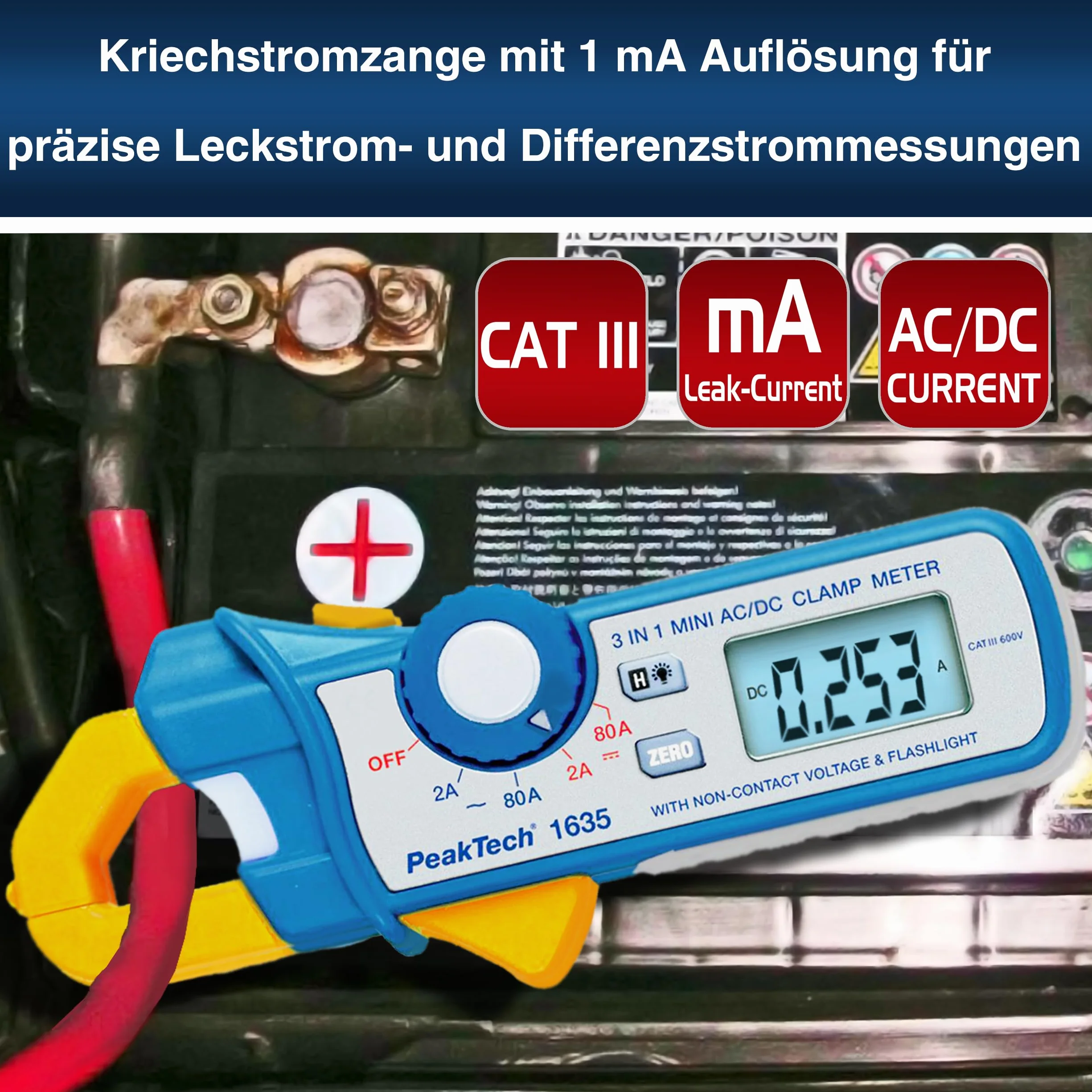 PeakTech 1635 - Strommesszange für Kriechstrom & Leckstrom 2A / 80A AC/DC