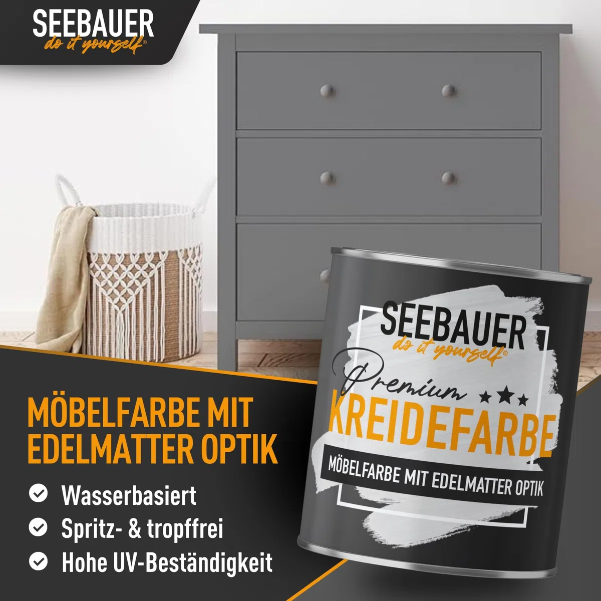 Kreidefarbe für Möbel Grau 750ml Graphite Grey Möbelfarbe ohne Schleifen Holzfarbe extra matt hohe Deckkraft