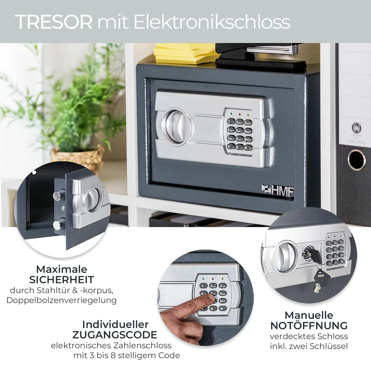 HMF Safe Tresor für Zuhause, Hotel oder Büro, Möbeltresor mit Zahlenschloss für DIN A5 Dokumente | 31 x 20 x 20 cm | Anthrazit