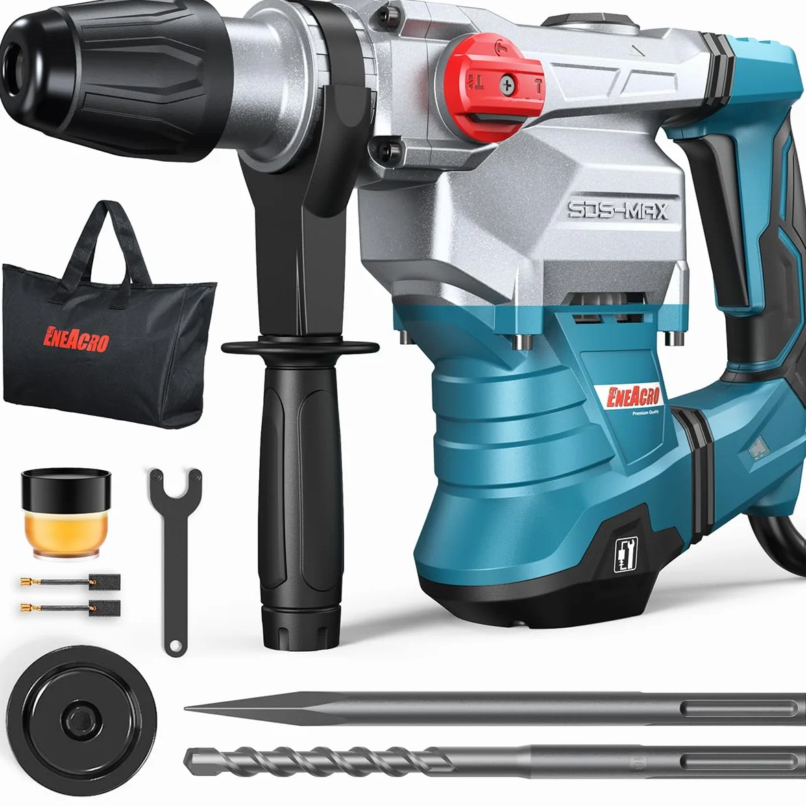ENEACRO SDS-MAX Bohrhammer,12Joule 1500W Abbruchhammer mit 3 Funktionen, Anti-Vibrationsgriff und Sicherheitskupplung, 40 mm Bohrleistung in Beton， Mit Bohrer und Meißel, Werkzeugpaket