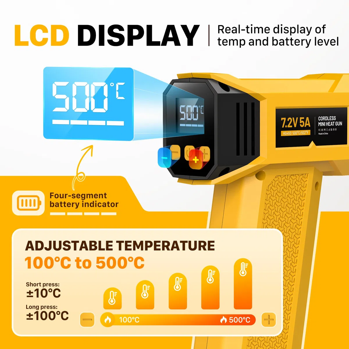 SEEKONE 7,2V Kabellose Mini Heißluftfön, Mini Heißluftpistole mit variabler Temperaturregelung (100℃–500℃), 5000mAh, USB-Ladefunktion, LCD-Display, Speicherfunktion, Reflektordüse für Bastelarbeiten