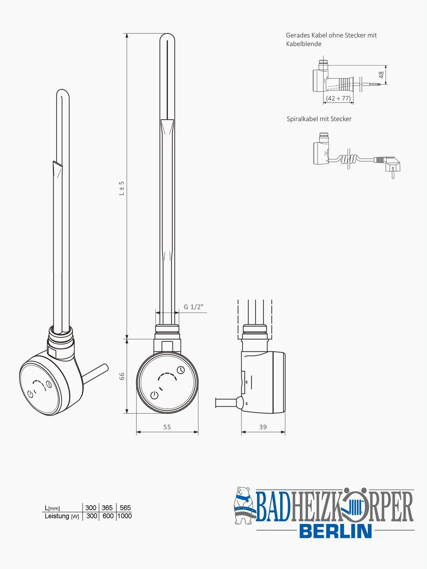 DRY Thermostat Heizstab, Heizpatrone, Heizelement 300 Watt (Schwarz) Gerades Kabel ohne Stecker mit Kabelblende