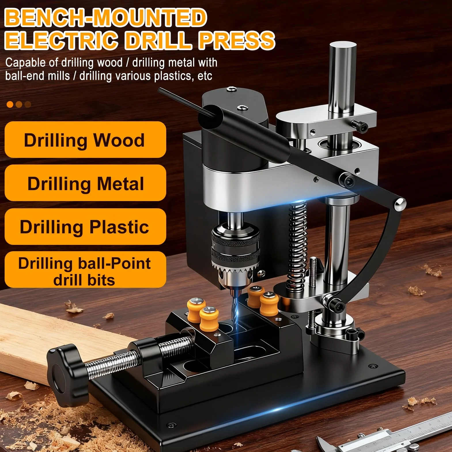 Mini Tischbohrmaschine, 200W Standbohrmaschine, Ständerbohrmaschine Klein 4000rpm, 7 Gang Einstellbare, 775 Motor, Flexiblem Wellenaufsatz, Bohrhub 50mm für Holz, Metall, Kunststoff, Aluminium