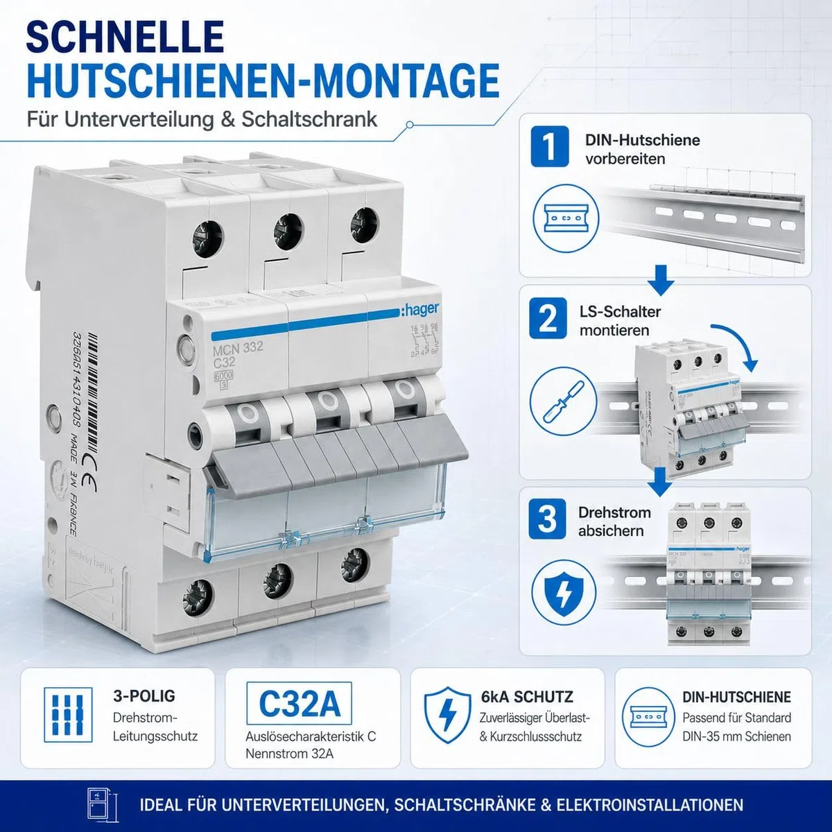 Hager MCN332 Leitungsschutzschalter 3-polig C32A, LS-Schalter 32A für Drehstrom & Hutschiene, 6kA Sicherungsautomat, biconnect Klemmsystem, DIN EN 60898-1, 230/400V AC