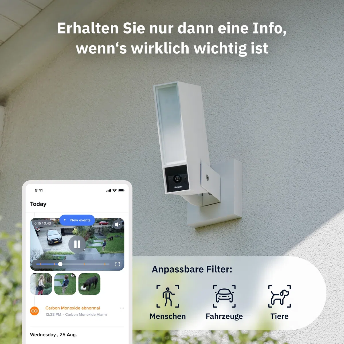 NETATMO Überwachungskamera für den Außenbereich, 2SD, WLAN 5 GHz, 2K HDR, KI-Erkennung Personen/Fahrzeuge/Tiere, LED-Flutlicht 12 W, Sirene 105 dB, lokale Speicherung, ohne Abonement, Weiße, NOC-2-AMZ