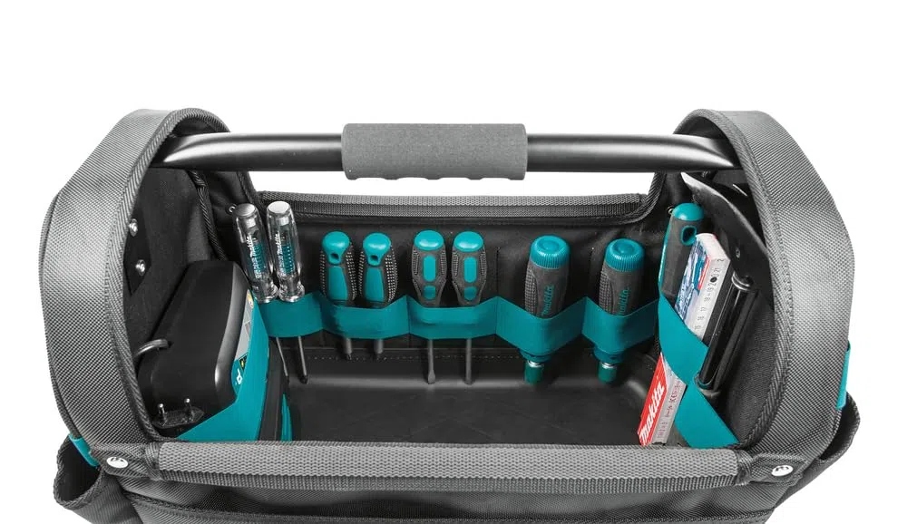 Makita E-15403 Werkzeugtasche offen, stabiler Handgriff aus Metall und Schultergurt, viel Stauraum, wasserdichter verstärkter Boden, 29 Liter Fassungsvolumen, Polyester, 490 x 310 x 365 mm (LxBxH)