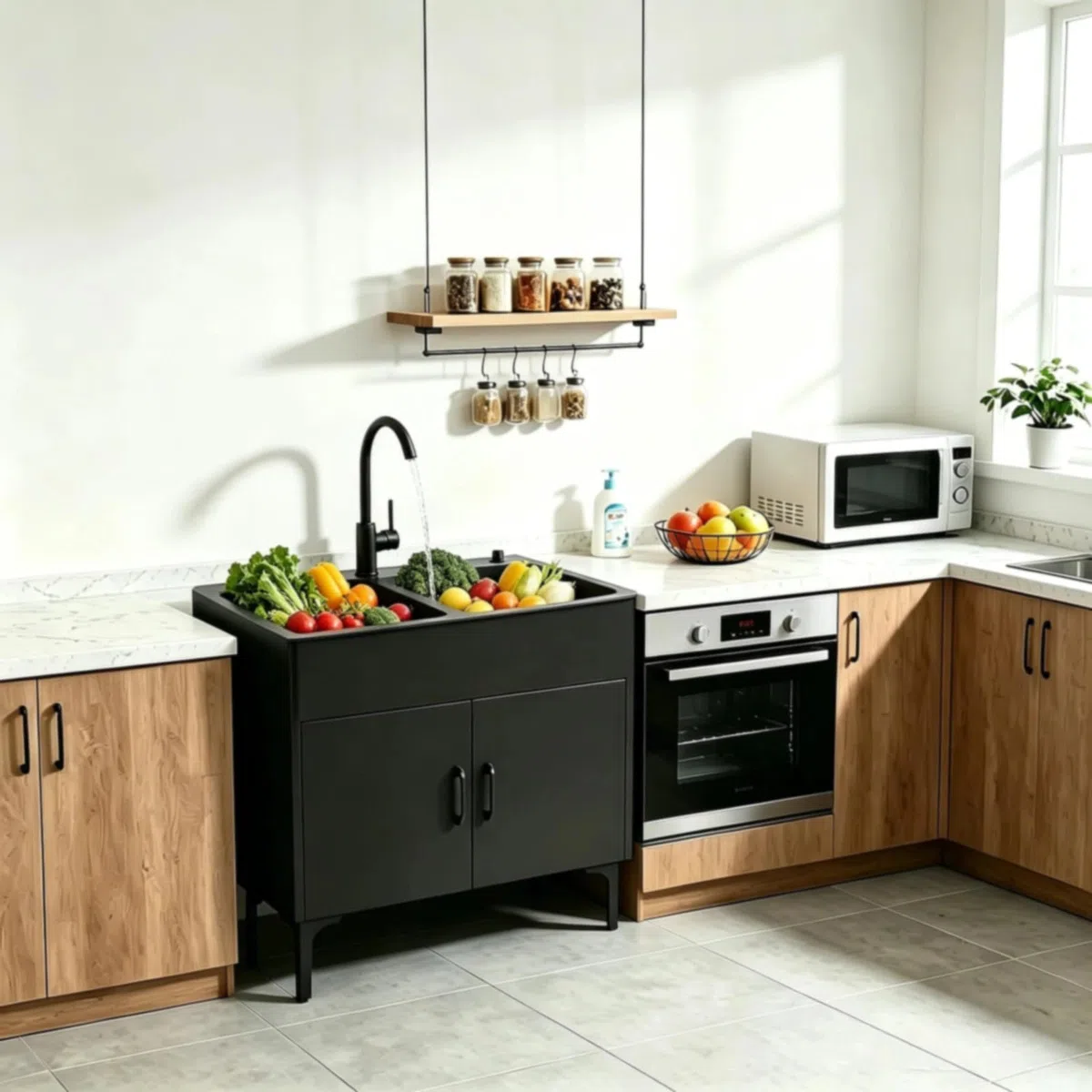 Freistehende Edelstahl KüChenspüLe mit Unterschrank Ausziehbarem Wasserhahn Gewerbliche Doppelbecken SpüLenschrank für KüChe WäSche Badezimmer Komplettes Set(black,75x41x85cm)