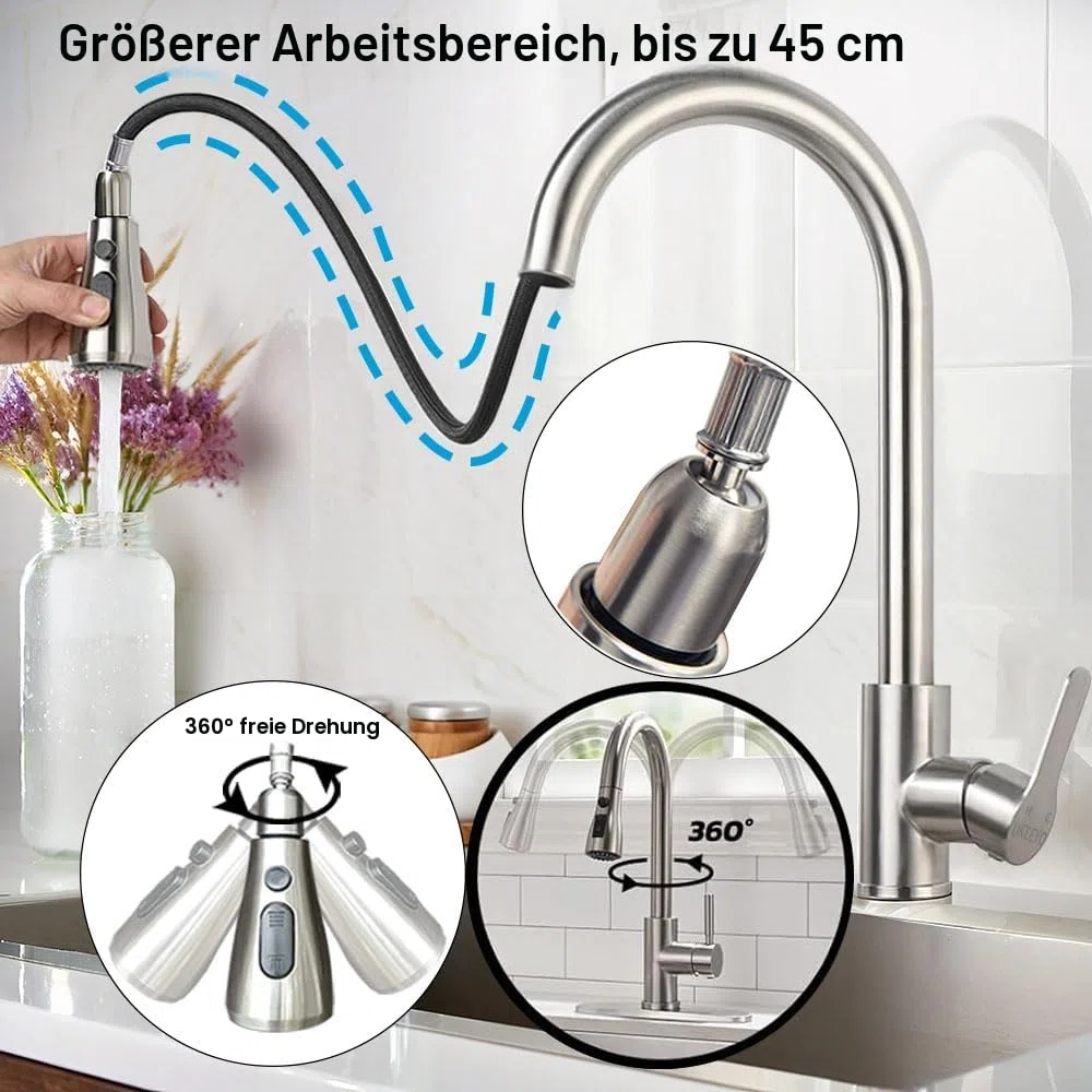 Wasserhahn Küche, Hochdruck Küchenarmatur mit Herausziehbarer Brause Ausziehbar Armatur, Mischbatterie Küche Spültischarmatur Brause 3 Modus, Edelstahl