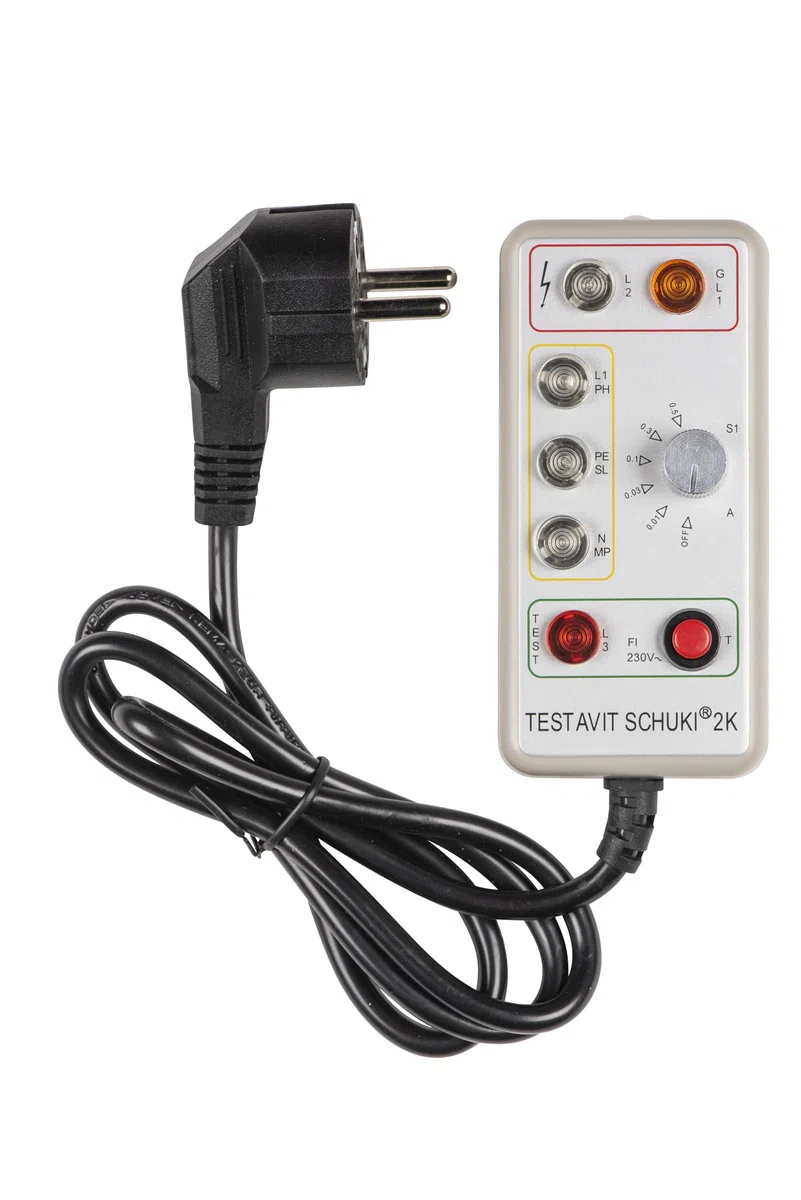 Testavit Schuki 2K Steckdosenprüfgerät mit FI-Test mit einstellbarem Nennfehlerstrom, Elektriker Werkzeug (LED Anzeige, 230 V, sichere Überprüfung), Grau