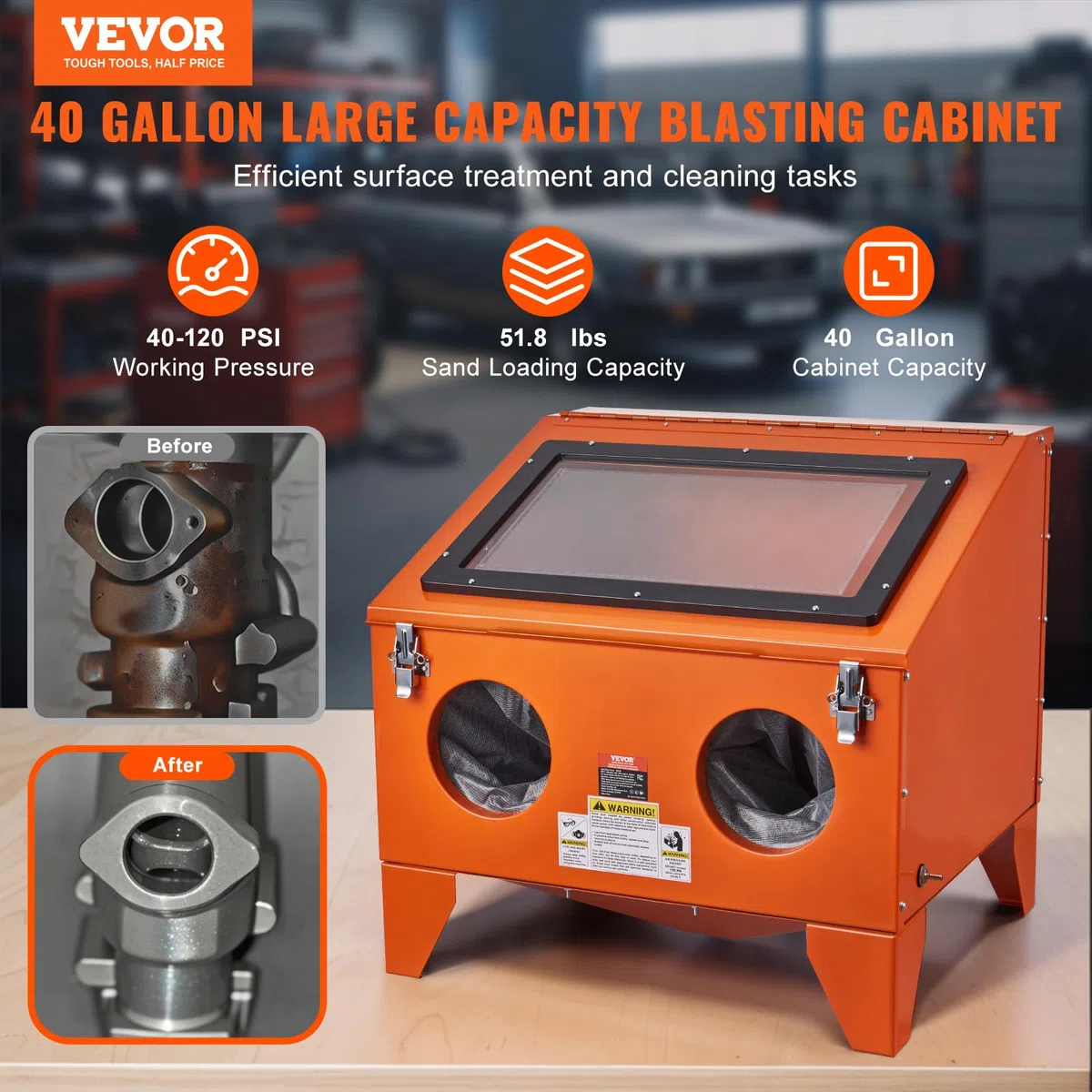 VEVOR Sandstrahlkabine 151L, 40–120 PSI Sandstrahlgerät mit Ständer, robuster Stahl-Sandstrahler mit Strahlpistole und 4 Keramikdüsen für die Entfernung von Farbe, Flecken und Rost