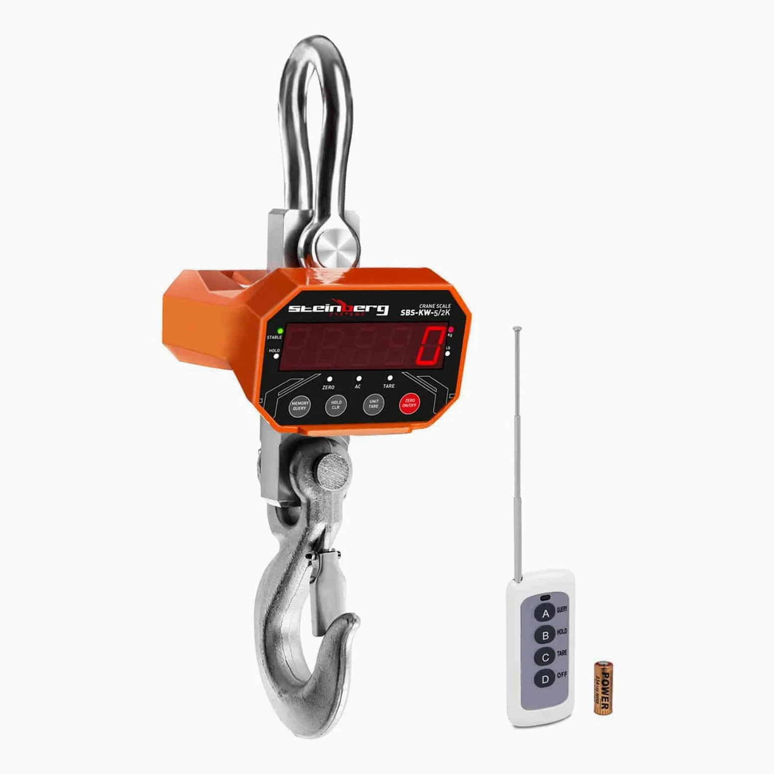 Steinberg Systems - Kranwaage Hängewaage (5 t / 1-2 kg, 10 m Fernbedienungsreichweite, 10 sek Wartezeit, Akku 6V/4Ah, LED) Orange