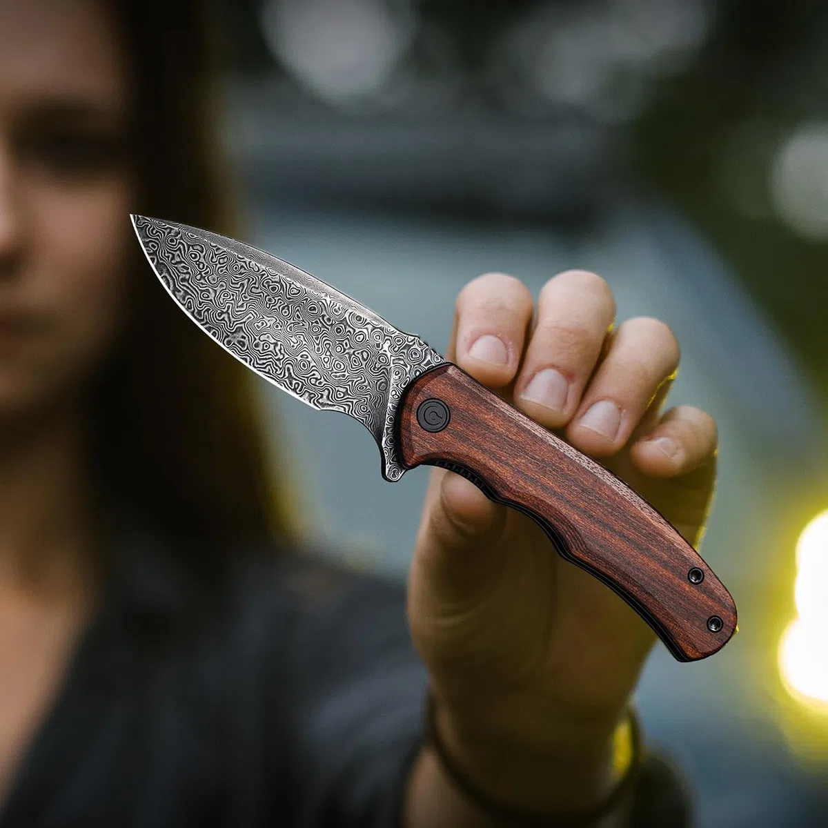 CIVIVI Mini Praxis Klappmesser mit 7,56 cm Damastklinge und Guibourtia-Holzgriff C18026C-DS1