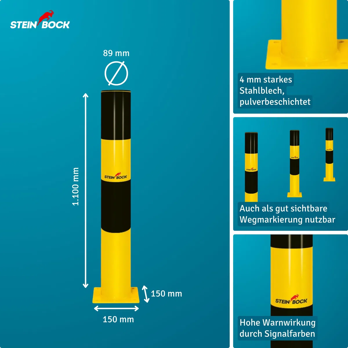 Steinbock Rammschutz-Poller | 110 cm Höhe | 8,9 cm Durchmesser | 8,7 kg Gewicht | pulverbeschichteter Stahl | Warnhinweis zum Schutz vor Anfahrschäden | robuster Anfahrschutz | Made in EU