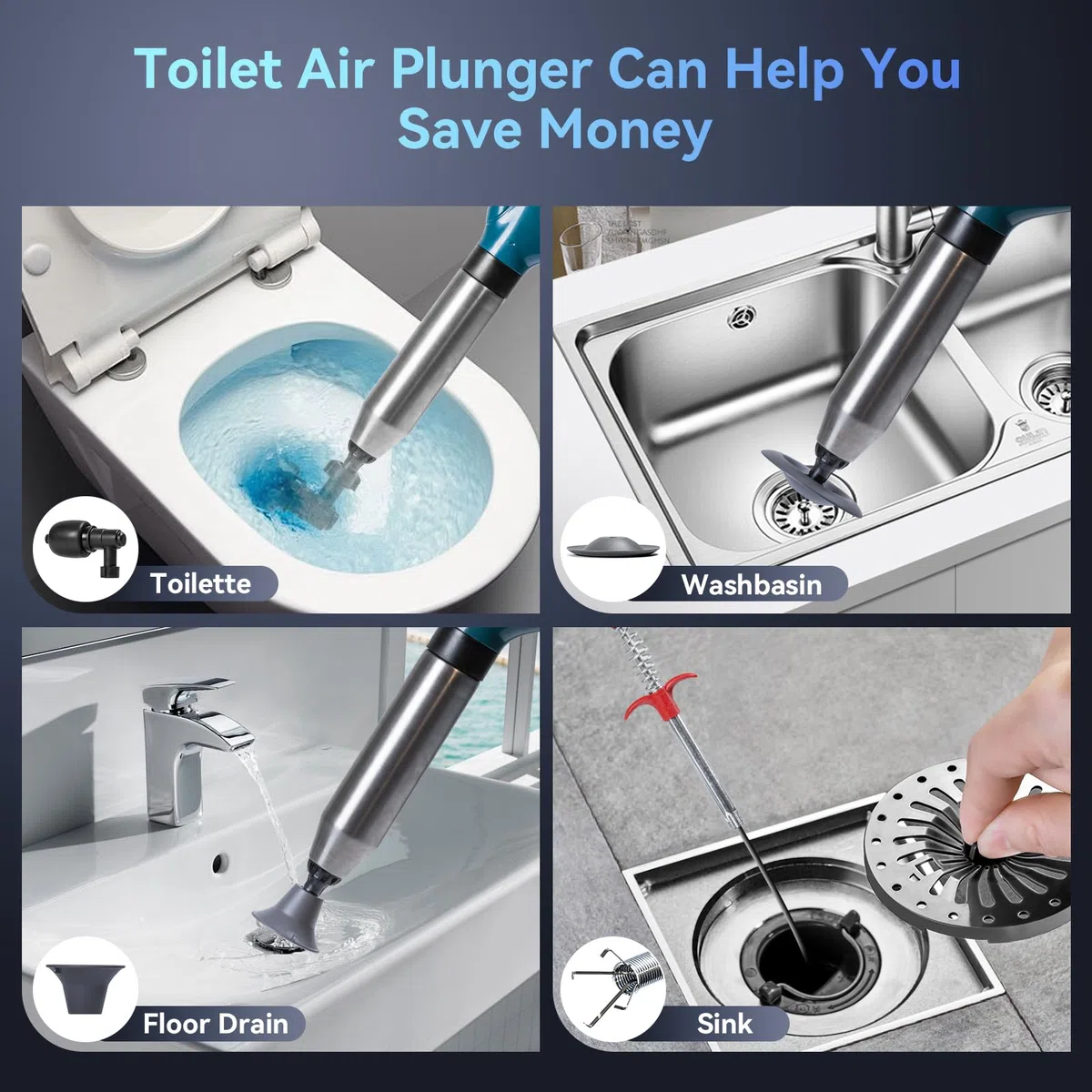 Rohrreiniger Druckluft,Abflussreiniger Pumpe mit Luftdruckanzeige,Pressluft Rohrreinigungsspumpe mit 4 Saugnäpfen,Handschuhe und Krallengreifer Abflussreiniger,für WC,Toilette